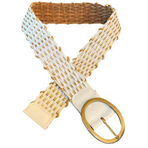 White Gold Woven Braid Wide Leather Belt Oval Brass Buckle Sz M India